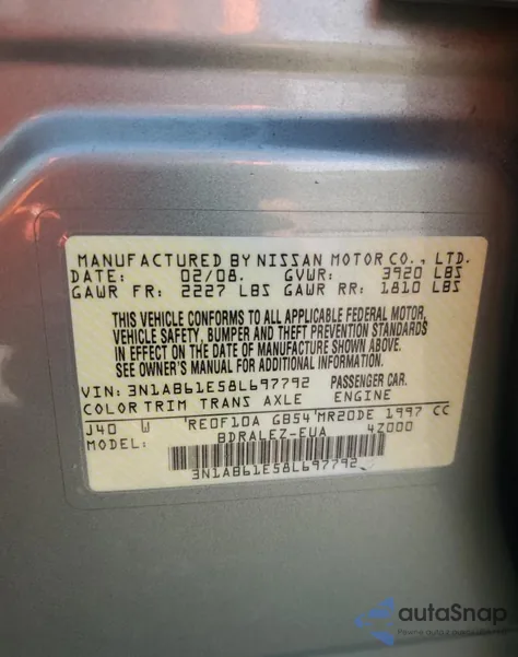 2008 Nissan Sentra 2.0 from USA, damaged, VIN 3N1AB61E58L697792